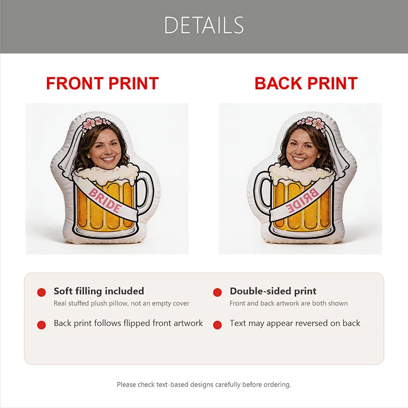 Custom Photo Beer Mug Bride Pillow, Personalized Face Shaped Decorative Cushion with Flower Crown, Funny Bachelorette Party Gift