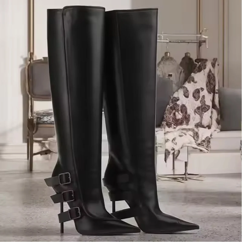 

Black Pointed Toe Belt Buckles Straps Stiletto Knee-High Boots Woman Winter 2026 Brown High Heel Fashion Long Boots for Women