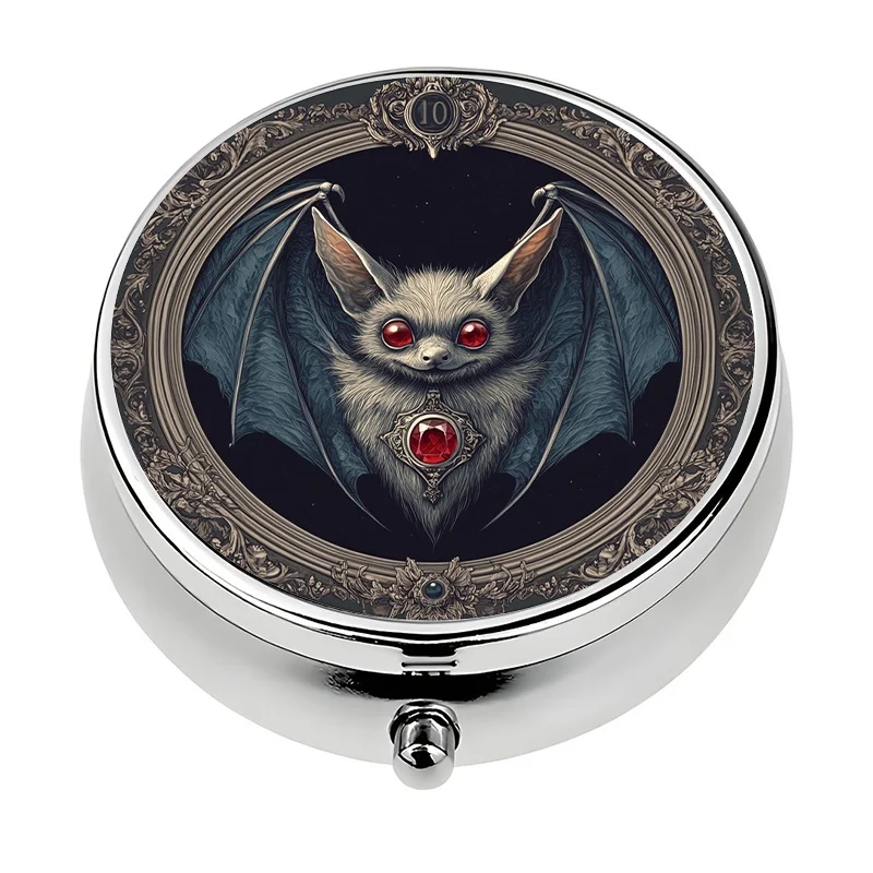 1 Gothic-style bat-themed three-compartment pill box, metal mini pill storage case, unique portable design for gifts
