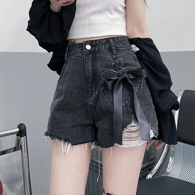 Gidyq High Waist Women Denim Shorts Summer Fashion Bow Loose Shorts Korean Casual Female Streetwear All Match Ripped Pants