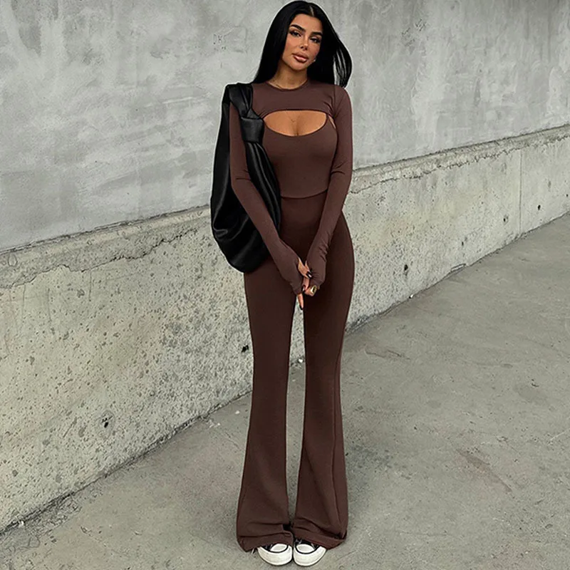 Apprabant Women Sexy Solid Jumpsuits Two-piece Set Sexy Round Neck Long Sleeved Smock Backless Tight Fit Camisole Jumpsuit