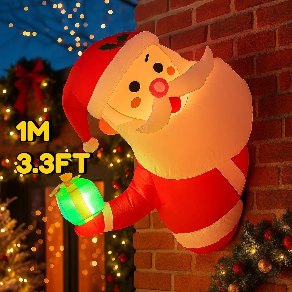 3.3FT Christmas Decorations Inflatable Santa Claus Holding Gift Box Toys Home Yard Ornaments with LED Decor Christmas Party Toy