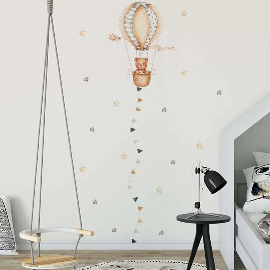 Teddy Bear Hot Air Balloon Wall Stickers for Kids Room Baby Nursery Room Kindergarten Background Wall Decor Vinyl Wall Decals