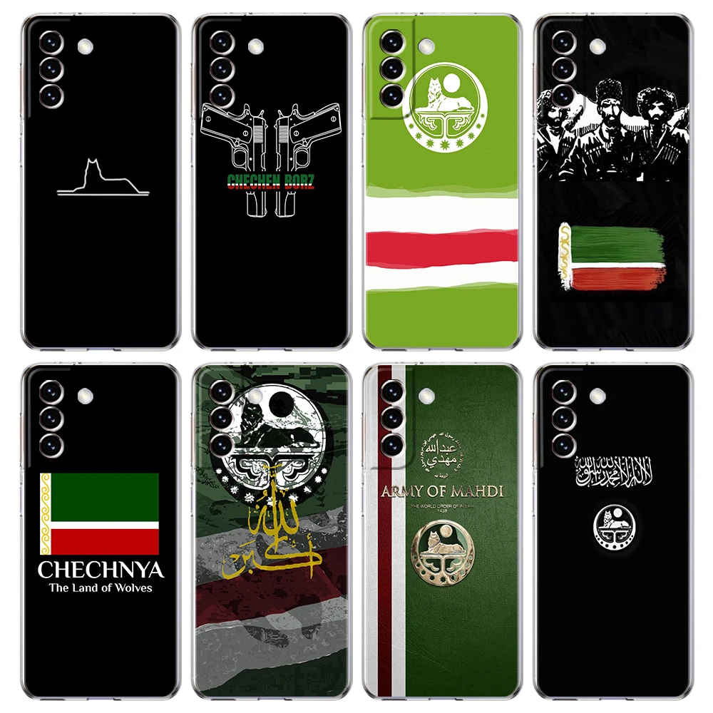 Capa de telefone transparente para samsung galaxy s25, s24, s23, s22, s20, s21, fe, ultra, s10, s10e, s9, plus capa tpu macia bandeira nacional chechena
