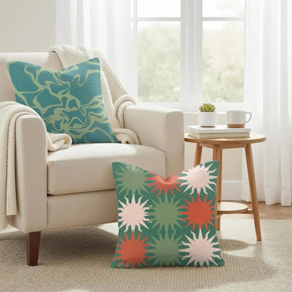 Bohemia Green Cushion Cover Double-Sided Printed Organic Linen Pillow Cover, Decorative for Sofa Home