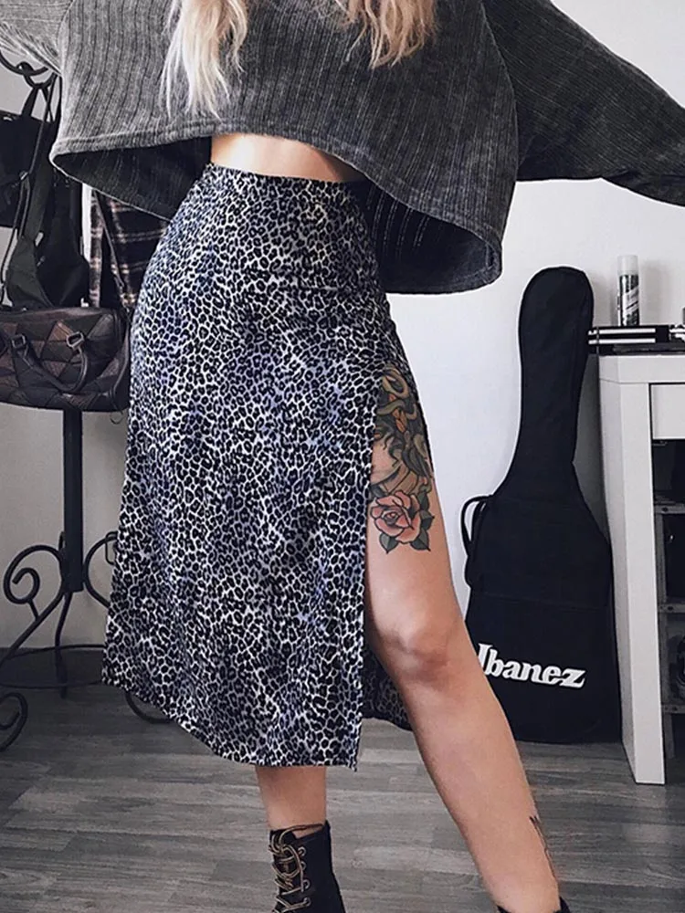 Sexy Leopard Print Summer Skirt Women Split High Waist Floral Skirts Fashion Tight Open Beach Wraps Casual Skirts Flower Clothes