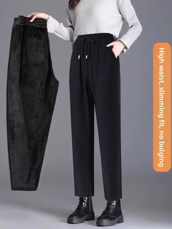 Pantalones deportivos informales de talla grande con forro de Fce para mujer, pantalones de pierna recta de cintura alta, holgados, para Otoño e Invierno