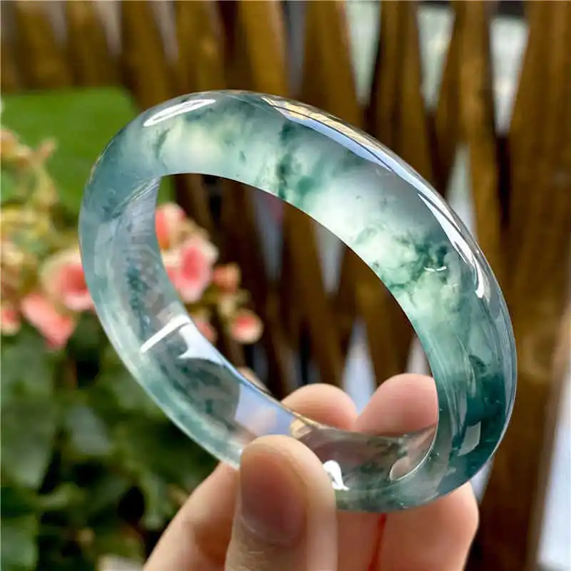 Ice-type jadeite with flower patterns, Burmese old mine, regular circle women's bracelet, noble concubine style, treated green j