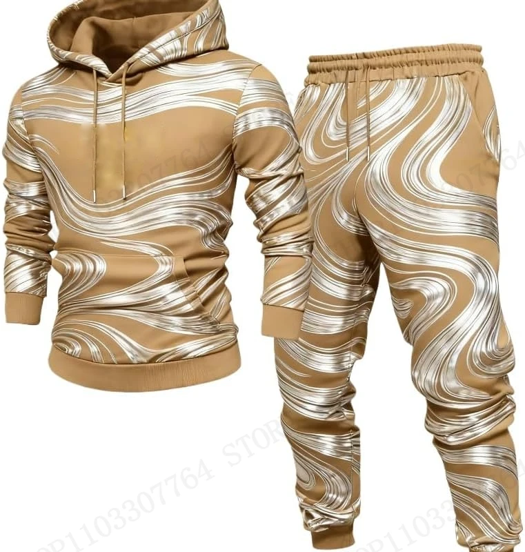 Golden Line Striped 3d Print Hoodie Pant Suit Men Women Fashion Hoodie + Pant 2Pc Sets Outdoor Sports Tracksuit Masculina Outfit