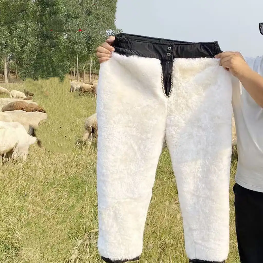 Winter Thicken Pure Wool Trousers Men High Waist Casual Thermal Long Pants Middle-aged Elderly Dad Sheepskin Plush Trouser Male