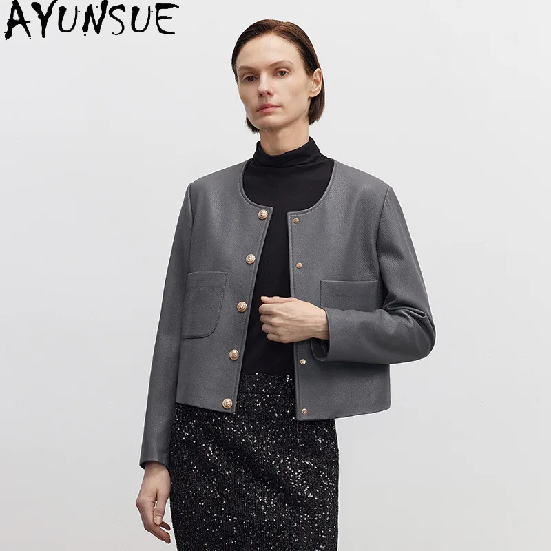 AYUNSUE High-end หนังแพะจริงหนังแจ็คเก็ตผู้หญิง 2025 หนังสีดําสตรีเสื้อฤดูใบไม้ร่วงเสื้อผ้า SLIM FIT Jaqueta De Couro