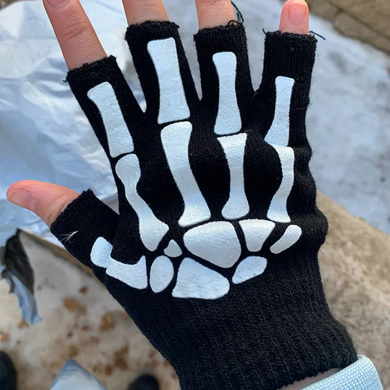 New Punk Gloves Unisex Halloween Skeleton Skull Half Finger Gloves Glow In The Dark Fingerless Stretch Knitted Winter Mittens