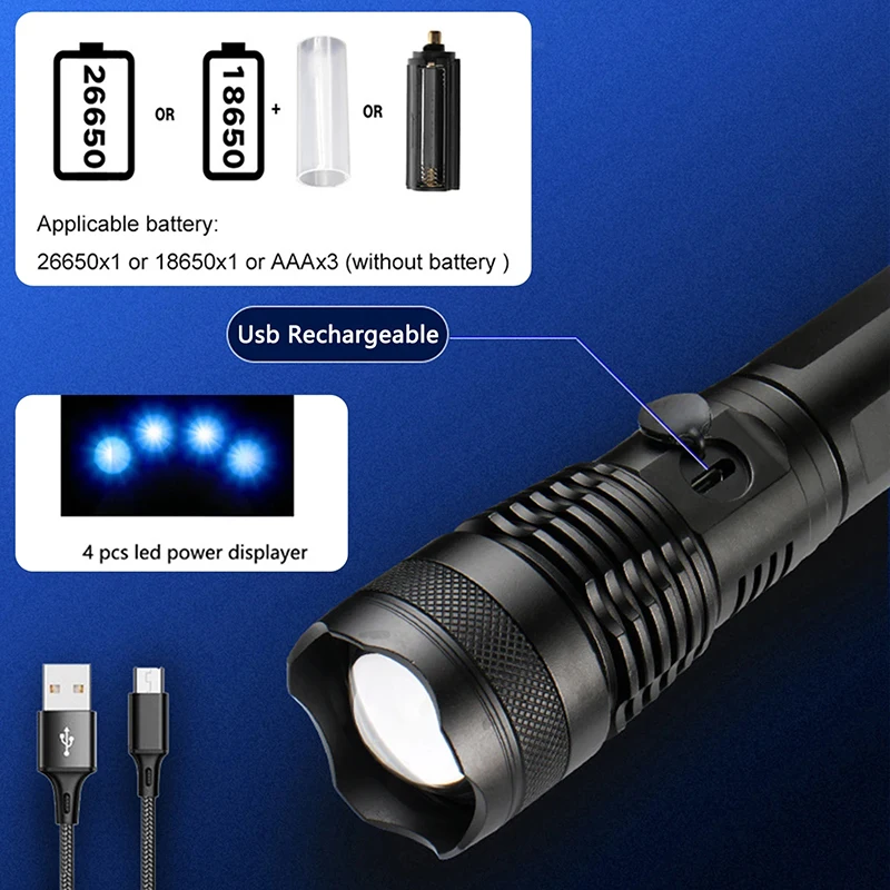 XHP70 Super Powerful Rechargeable Led Flashlight Variable Focus 30W Torch Tactical Lantern Long Shot Torch for Camping Emergency