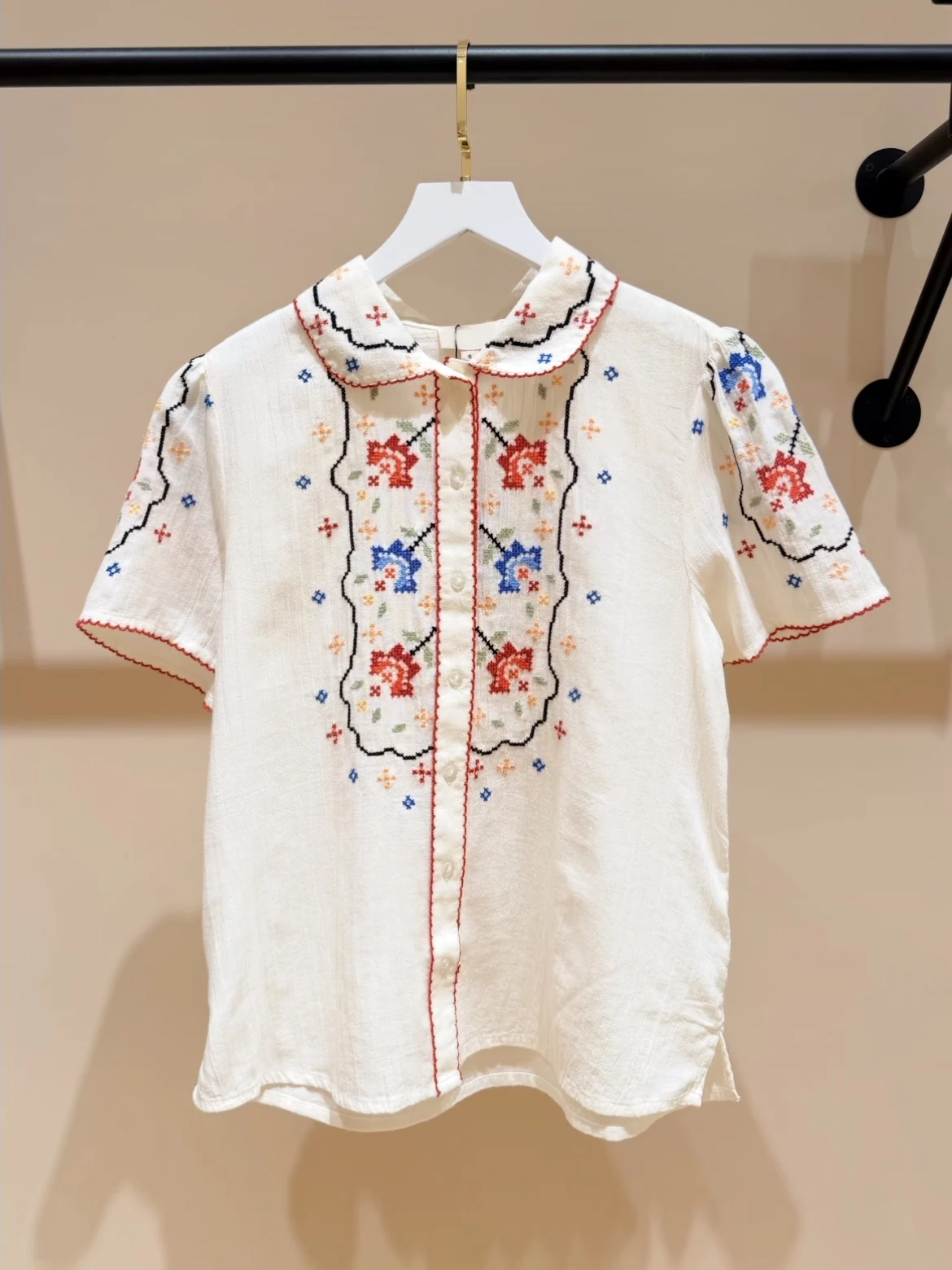 

HEIDD Elegant Cotton Short Sleeve Cross Stitch Doll Collar Floral Shirt Breathable Comfortable Women's Fashion Summer 2026