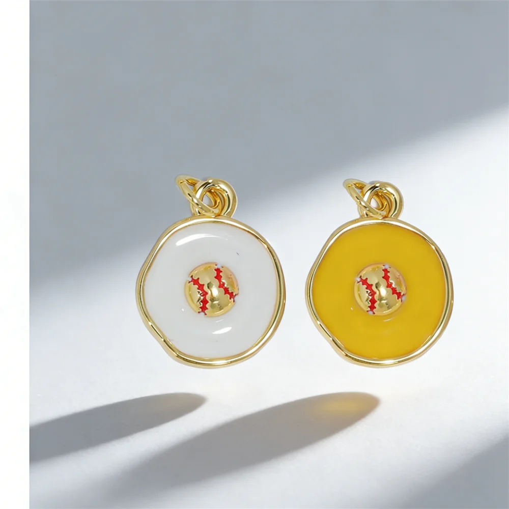 4Pcs Pendants Brass Enamel Baseball Pattern Round Charm for DIY Jewelry Sporty Casual Style Accessories Necklace Bracelet Making