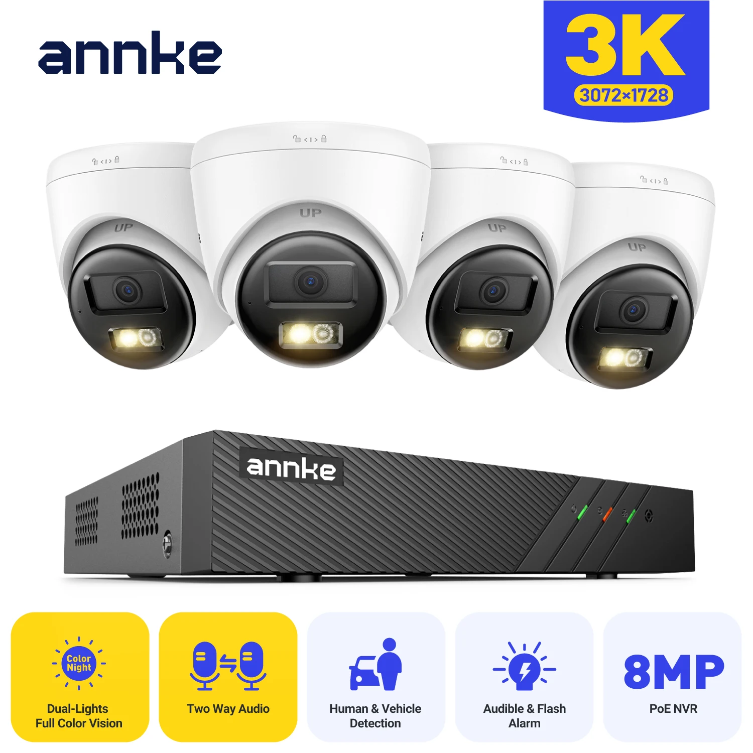 ANNKE H500P 3K Ultra HD POE Security Camera H.265+ 8CH 4k NVR With 5MP Color Night Vision Camera 2.8MM 123° Wide Angle Two Way Audio CCTV Security System