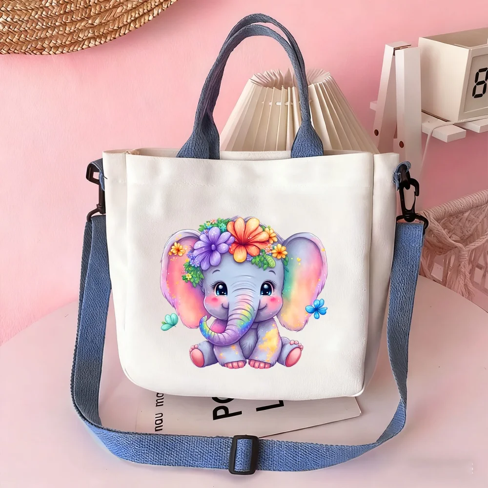 

Handbags and crossbody bags featuring a rainbow floral wreath and elephant motif—perfect for travel or as cosmetic organizers.