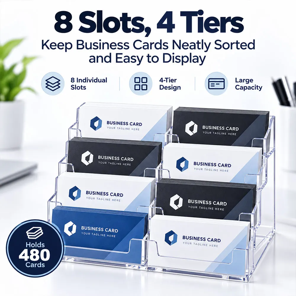 8-Slot Acrylic Business Card Holder, 4-Tier Clear Desktop Display Stand, Card Organizer for Office, Reception and Trade Shows