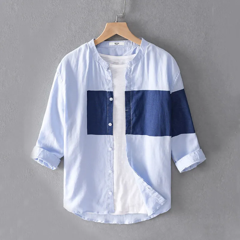 2023 Men's Shirt Stand Collar 2-Color Casual Middle Sleeve Summer Shirt Colorblock Streetwear Fashion Male Tops Tee M-3XL  MY734