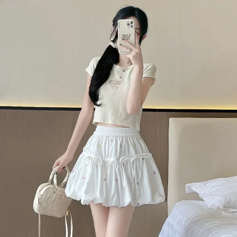 Ballet Style White Floral Luxuey Skirt Women's Summer Elastic High Waist Casual Slim Skirt Kawaii Skirt