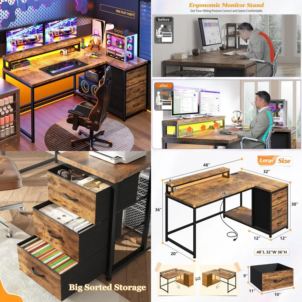 L-Shaped Gaming Desk with LED Lights and Power Outlet, 48-Inch Corner Computer Desk with Drawers, Reversible Office Desk
