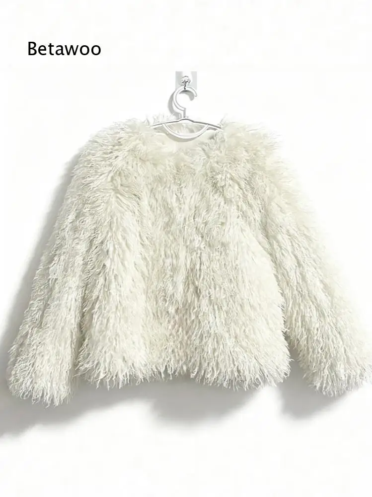 Ladies Thick Shaggy Faux Fur Short Coat Round Neck Long Sleeve Plush Jacket For Winter Daily Styling And Club Event Matching