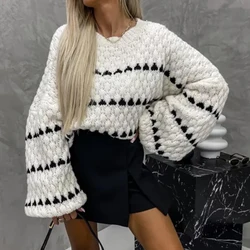 Casual O Neck Striped Knitted Pullover Sweater Lady Casual Crochet Lantern Sleeve Loose Sweater Office Elegant Patchwork Sweater