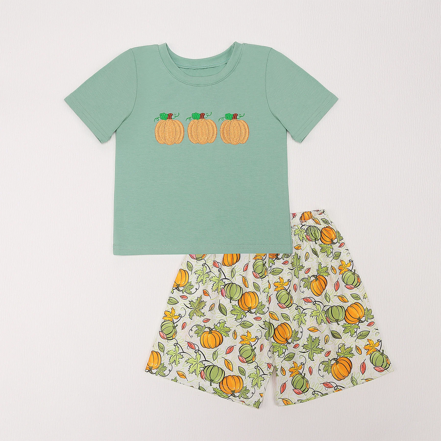 Boutique Sleeveless Set Round Neck Cute Pumpkin Embroidery Boy Green Top Clothes And Printing Pants With Girls Sister Romper