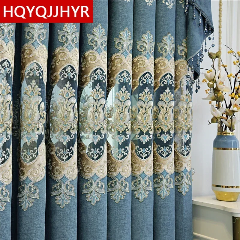 Luxury European Blue Embroidered Villa Living Room Curtains High Quality Elegant Apartment Bedroom Hotel Custom Curtains