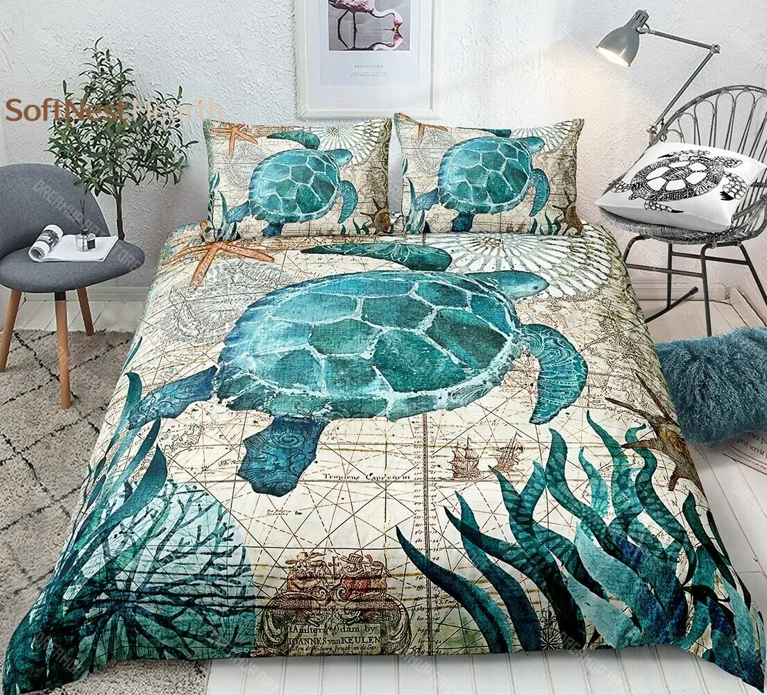 2026 Sea Turtle Bedding Ocean Duvet Cover Set Teal Mediterranean Style Marine Themed Ocean Polyester Bedding Set Queen King Twin