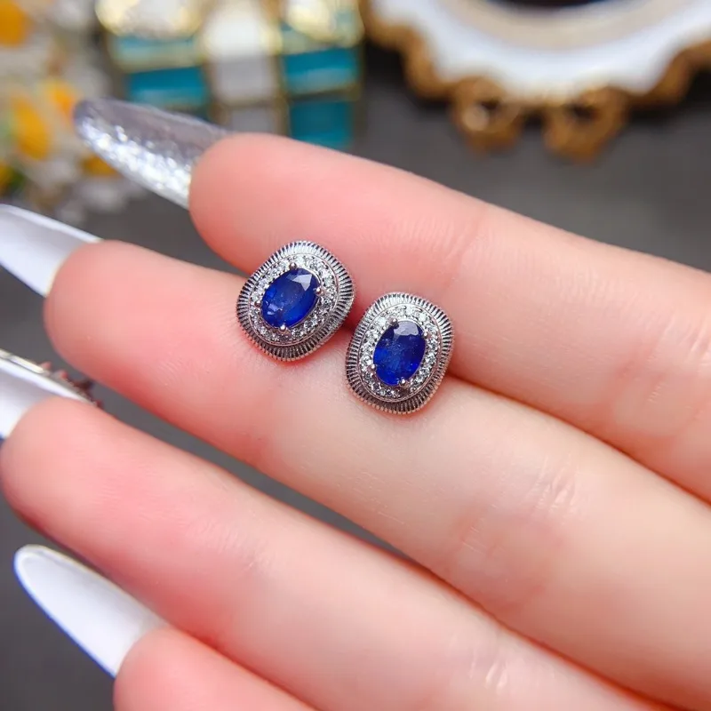 Sterling Silver 925 Oval Cut Natural Sapphire 4x6mm Women Earring Studs Diamond Earing for Women