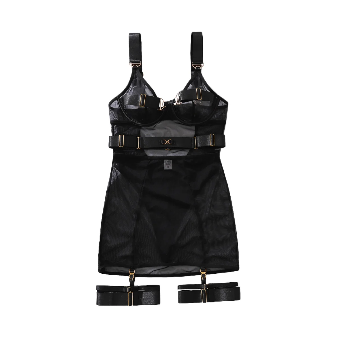 

Pure Desire Hollow Mesh Bodysuit with See through Short Skirt Body Shaping Sexy Lingerie Four-piece Set