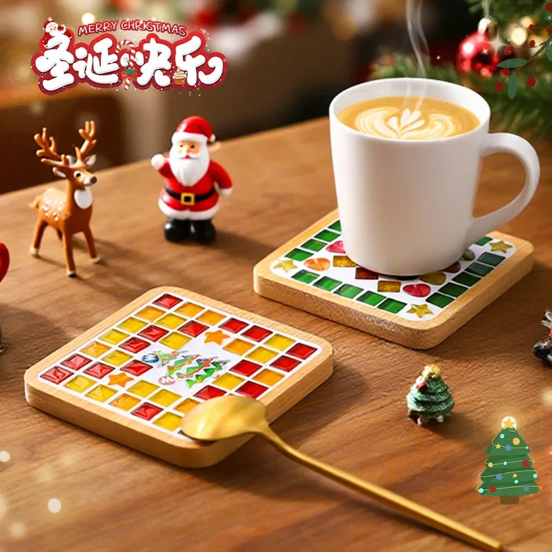 Christmas Mosaic Coaster DIY Craft Kit - Holiday Themed Handmade Decoration Material Set with Festive Ornaments