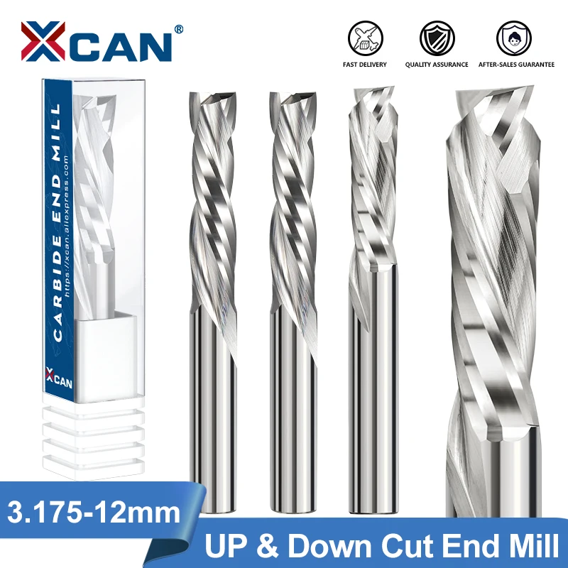 XCAN Milling Cutter UP & DOWN Cut 2 Flutes Spiral Carbide Milling Tool CNC Router Compression Wood End Mill Cutter CNC Bits