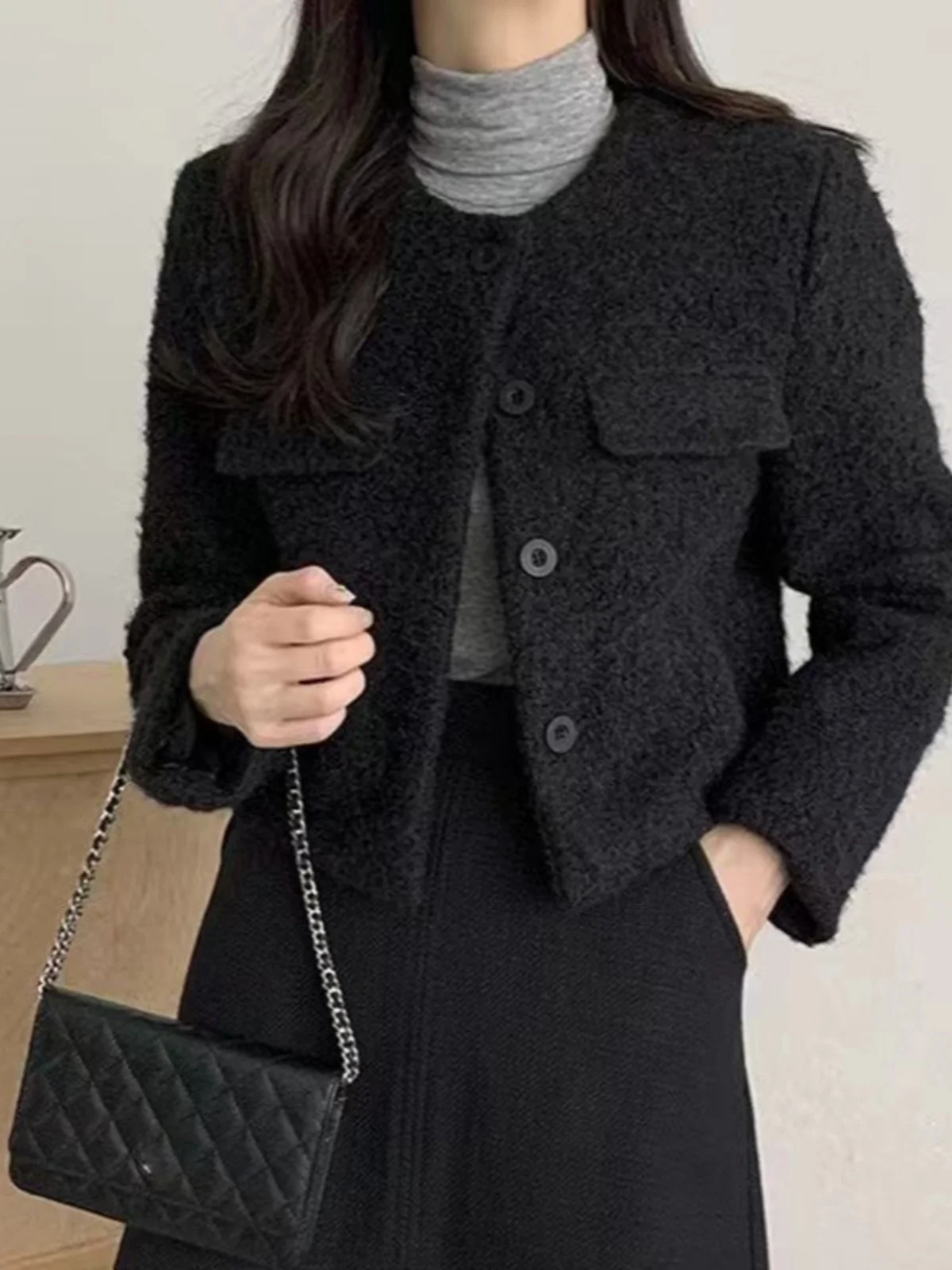 Sweet Autumnal Woolen Coat Women's Classy round Neck Single Button Loose Versatile Warm Knitwear Top Korean Style Commute