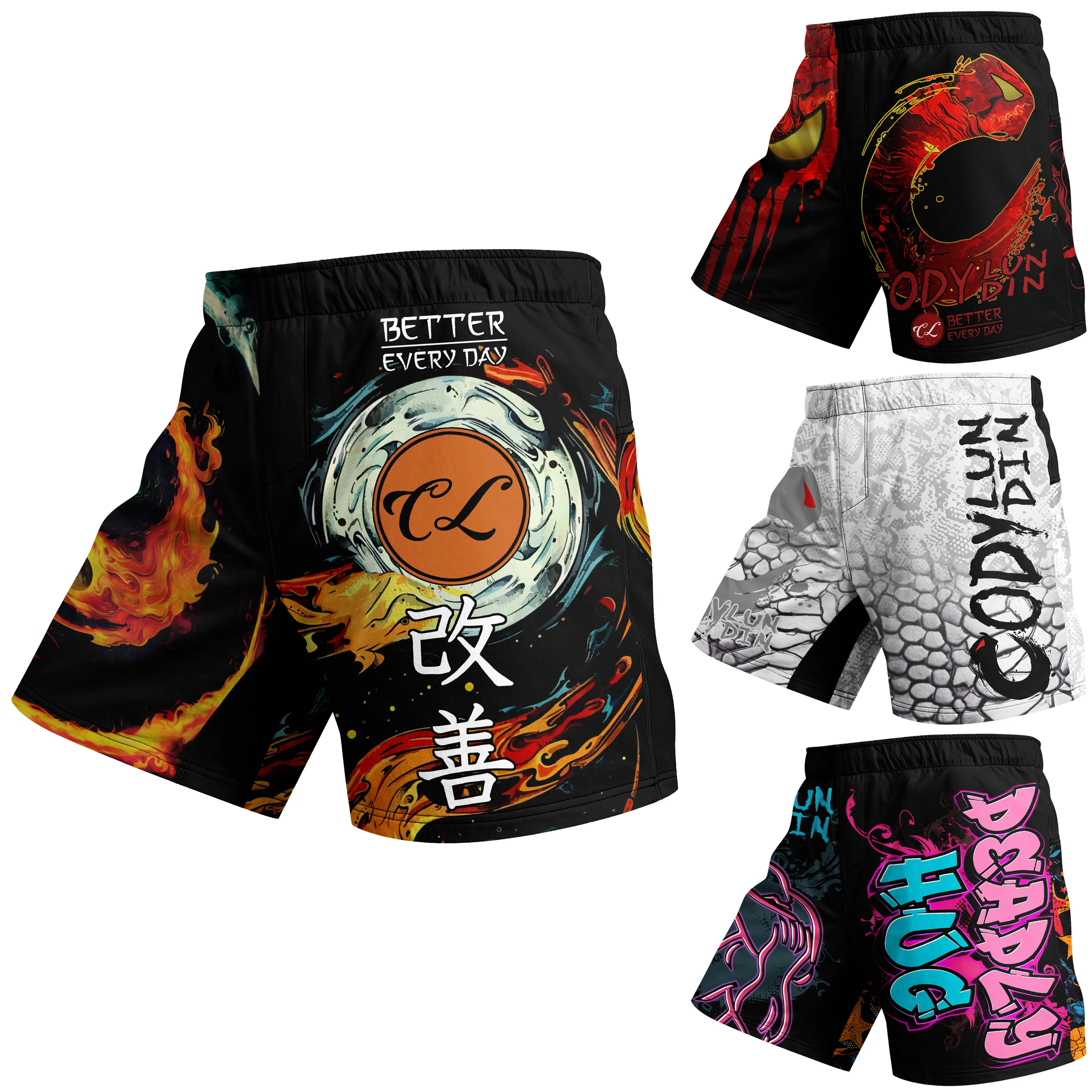 Pantalones cortos de entrenamiento MMA con tela elástica de 4 vías y tu propia impresión por sublimación, con goma