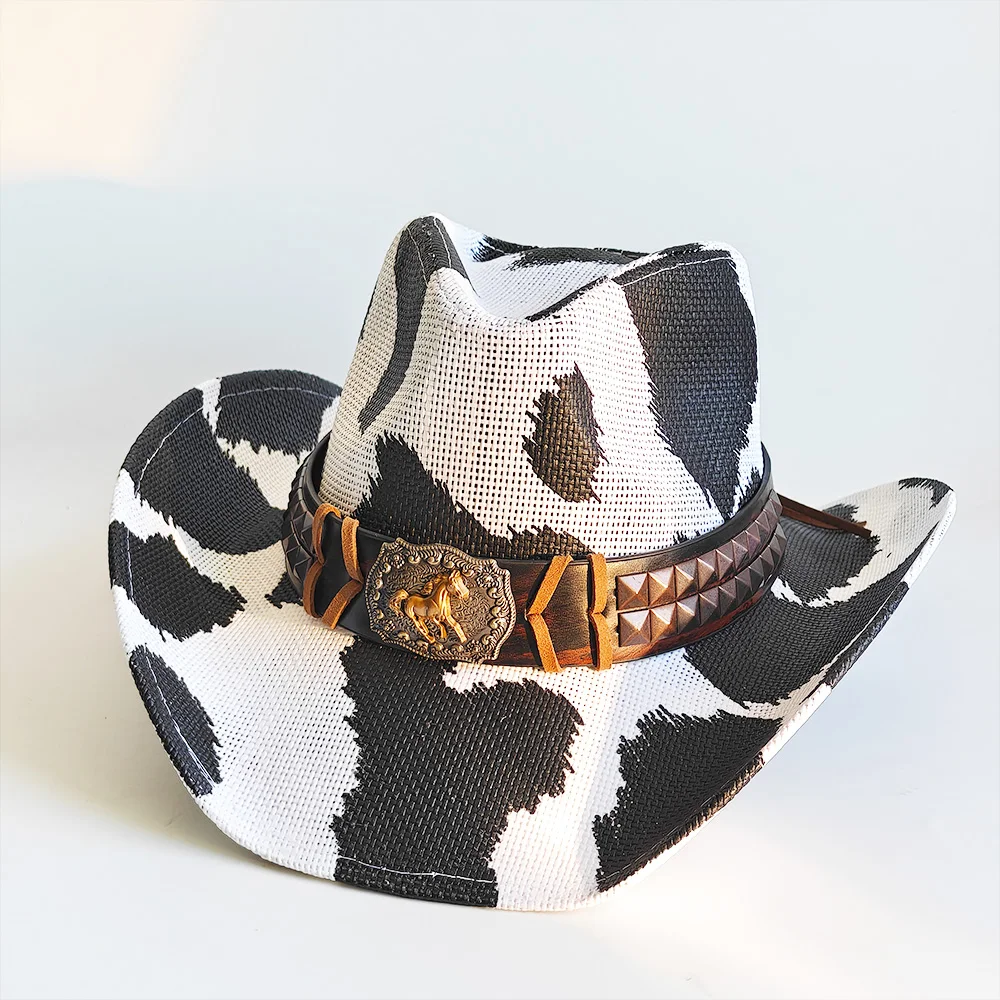 Vintage Cow Print Western Cowboy Hat with Horse Metal Buckle Studded Rivet Leather Band Wide Brim Straw Cowgirl Hats Travel Somb