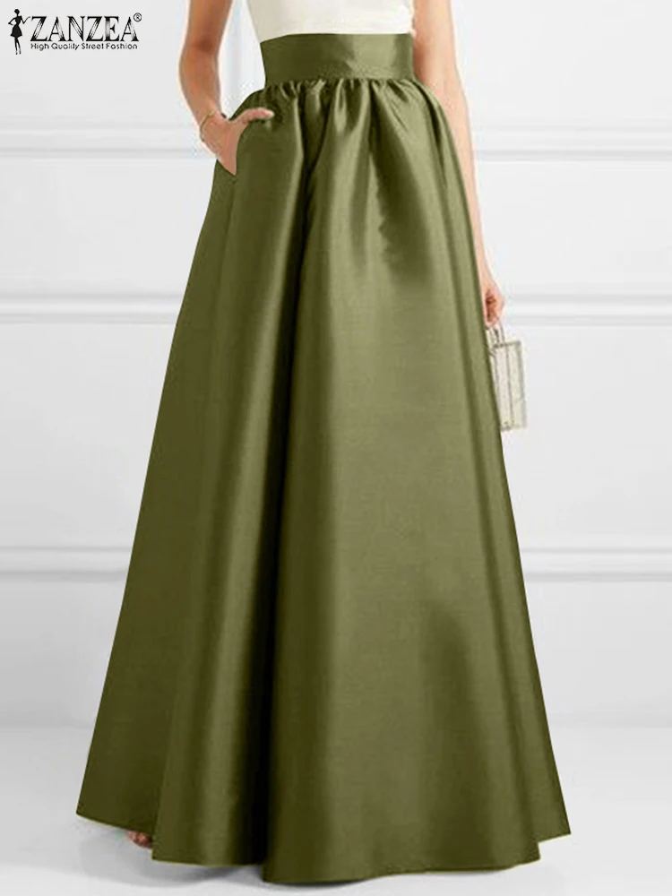 ZANZEA Women Autumn Satin Skirt New A-line Floor Length Solid Color High Waist Dress Elegant Vintage Casual Oversized Long Robe