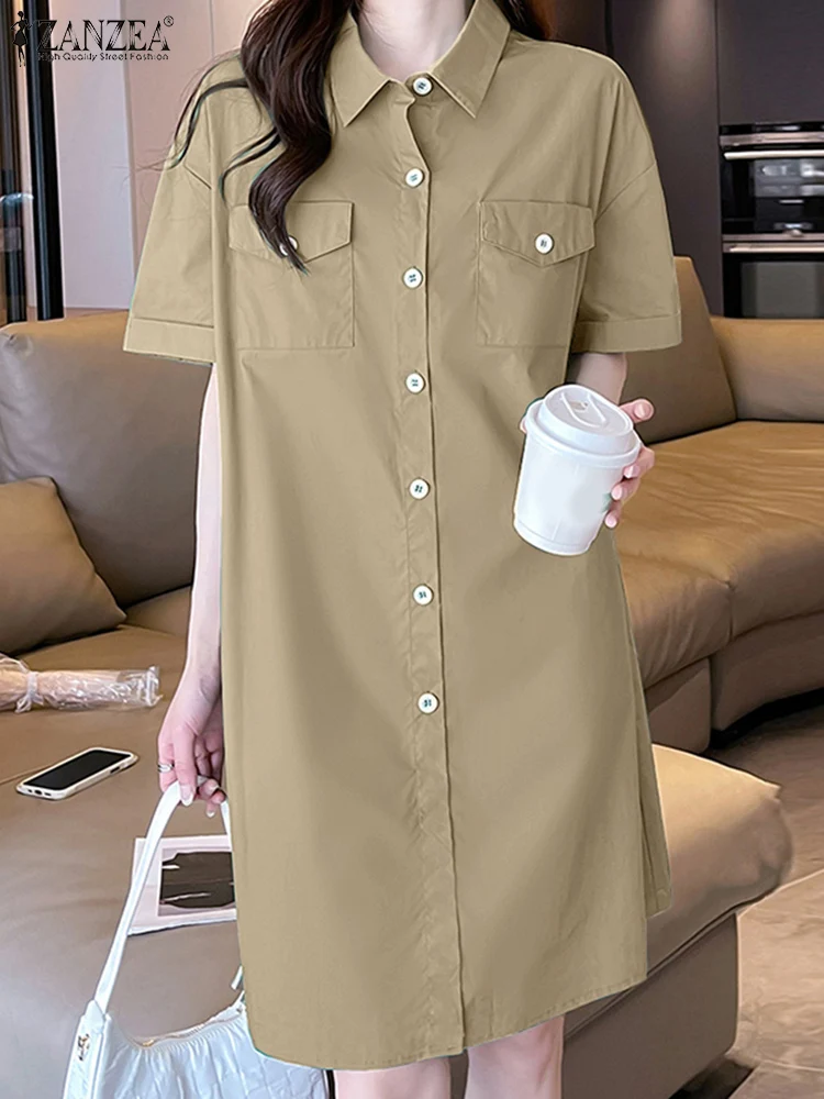 ZANZEA verano elegante solapa cuello manga corta vestido veraniego mujer camisa vestido elegante sólido OL vestido de trabajo hasta la rodilla Vestidos Kaftan