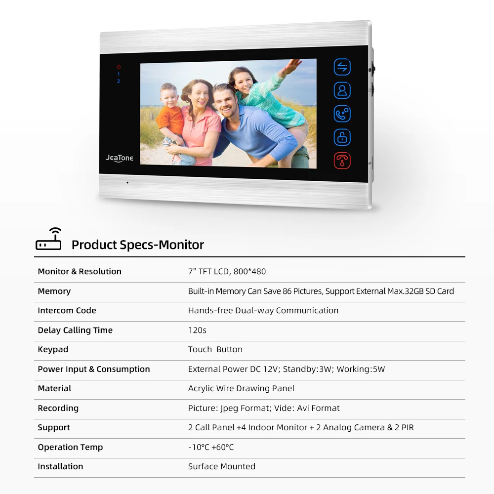 Jeatone 7 inç kapalı monitör görüntülü kapı telefonu kapı zili interkom sistemi fotoğraf Video kayıt alarak gümüş duvar montaj monitör