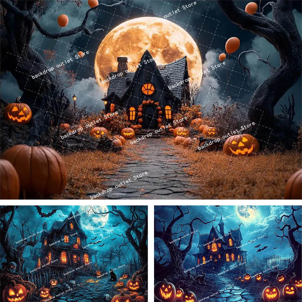 

Мехофонд полная луна замок фон осень Хэллоуин детская вечеринка тыква злоде дерево страшный ночной декор фон для фотосъемки