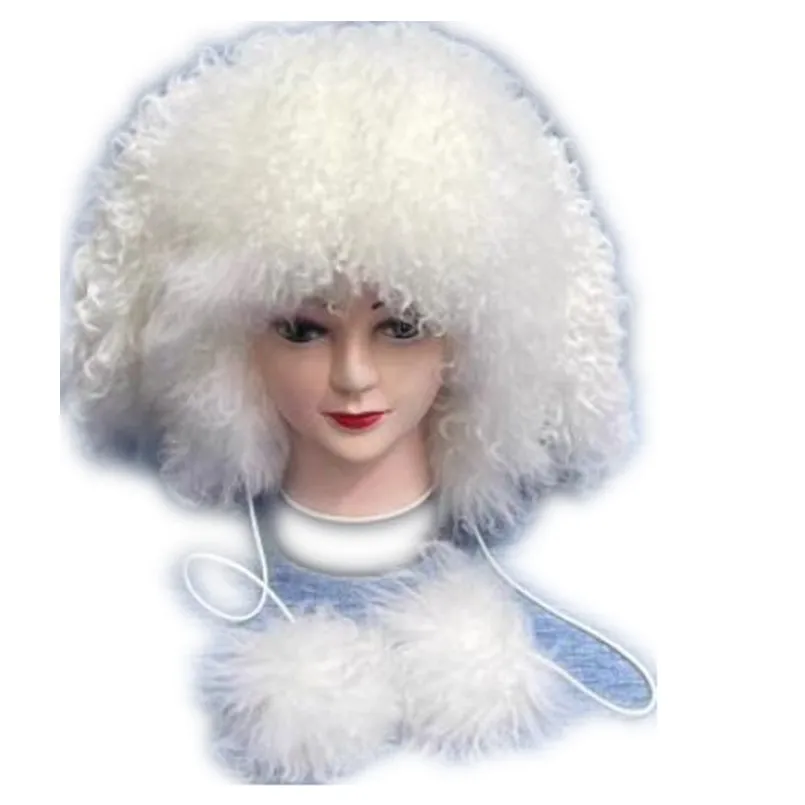 100% Real Lamb Fur Hat for Women Long Fluffy Fashion Bomber Hats Winter Thick Warm Ears Protector Cap