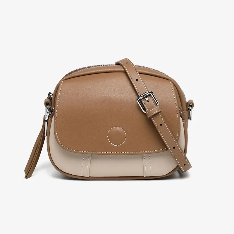 Bolso cruzado de cuero genuino para mujer, bolso redondo pequeño lleno de sensación avanzada, bolso de hombro versátil a la moda para mujer, nuevo 2025