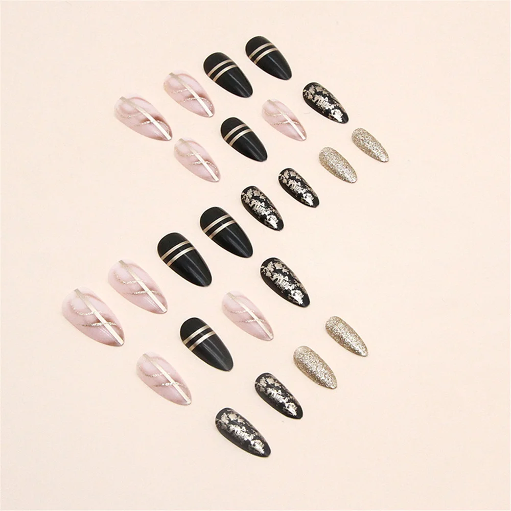 Sweet Cool Black Amandel Manicure Mode Franse Nep Nagel Tips Met Ontwerpen Draagbare Valse Nagels Ingesteld Druk Op Nagels