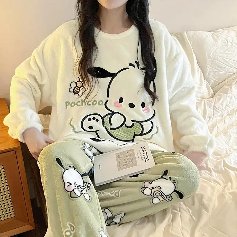 

Kawaii Pochacco Coral Velvet Pajamas Long-Sleeved Tops Melody Girls Autumn Winter Warm Pajamas Sweet Casual Pants Home Wear Set