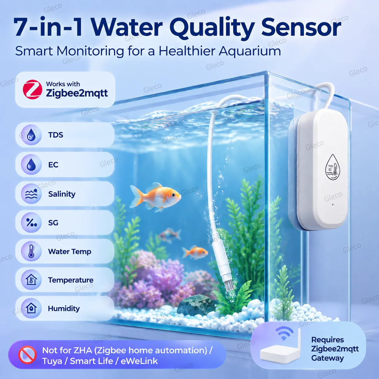 Zigbee Wasserqualitätstester EC/TDS/Salzgehalt/S.G/Temperatur/Luftfeuchtigkeit Multifunktions-Wasserqualitätsmonitor für Home Assistant MQTT