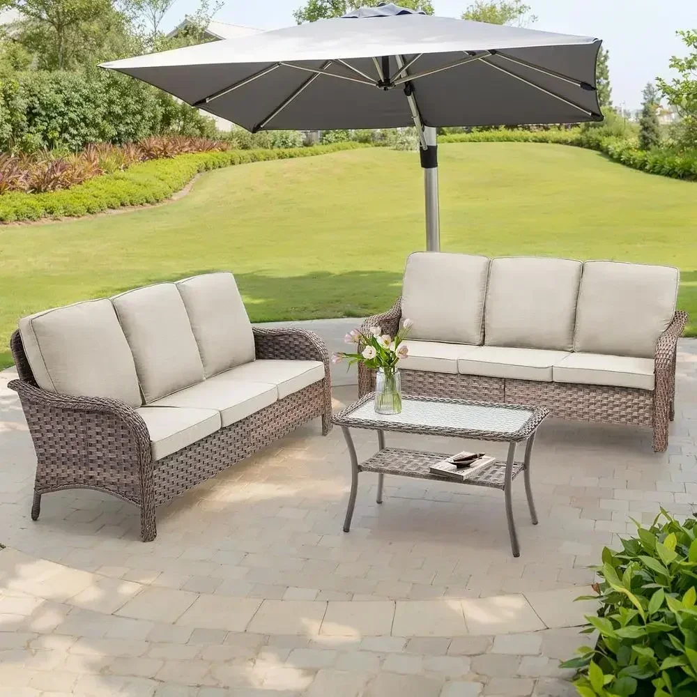 3-Piece Outdoor Wicker Furniture Set with Coffee Table, Thick Cushions, Curved Armrests, 300 lbs Capacity, Suitable for Patio, G