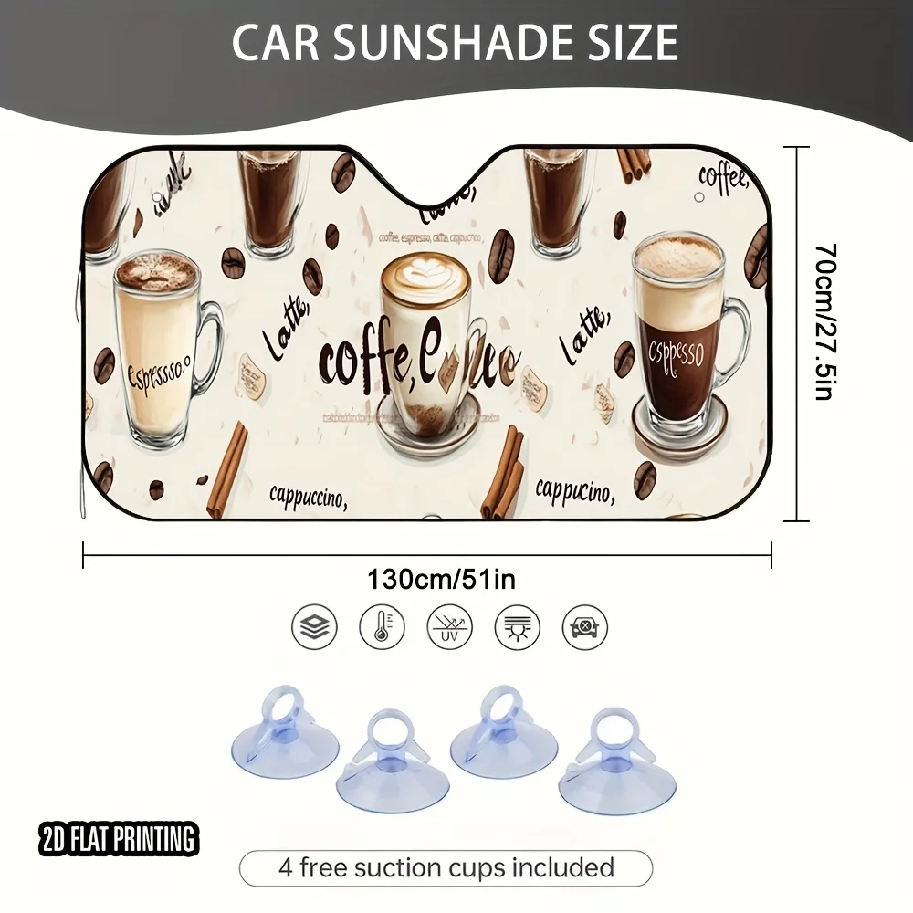 One Piece 2D Flat Coffee Design Car Sunshade – Maintains A Cool Temperature In Your Vehicle, Includes 4 Suction Cups, Foldable A