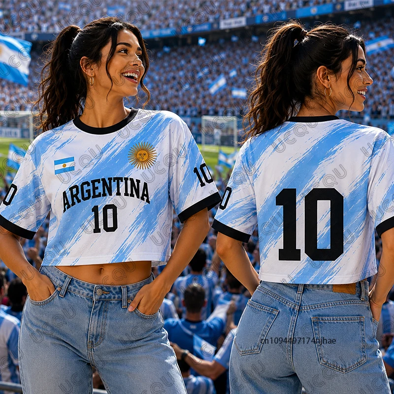 Summer New Argentina No.10 Print T-Shirt For Women Short Sleeve Sexy Crop Top Streetwear Football Jersey Y2k Tees Casual Tops