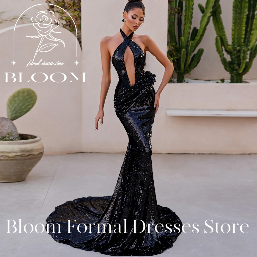 

Черное вечернее платье с бретелькой на шее и пайетками по индивидуальному заказу, дизайн с глубоким вырезом и рюшами, акцент, силуэт русалки, длинный шлейф, формальный